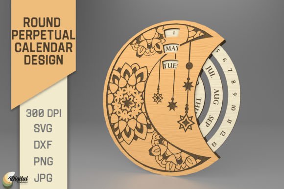 3D Round Perpetual Calendar. Moon SVG Laser Cutting Other Home Decor