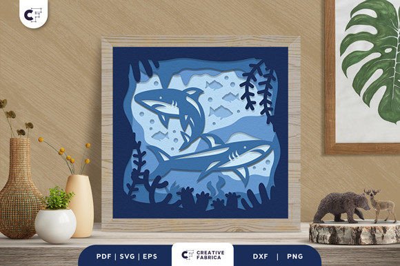 Shark Underwater 3D Shadow Box SVG