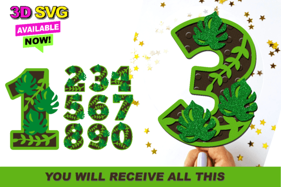 Tropical Leaves Numbers 3D SVG for Laser Cutting and Signs